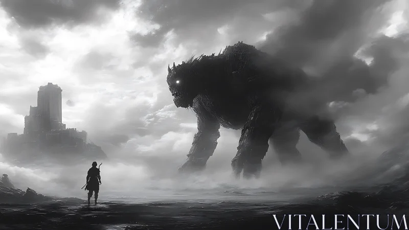 Lone wanderer calmly faces a towering mist-shrouded colossus