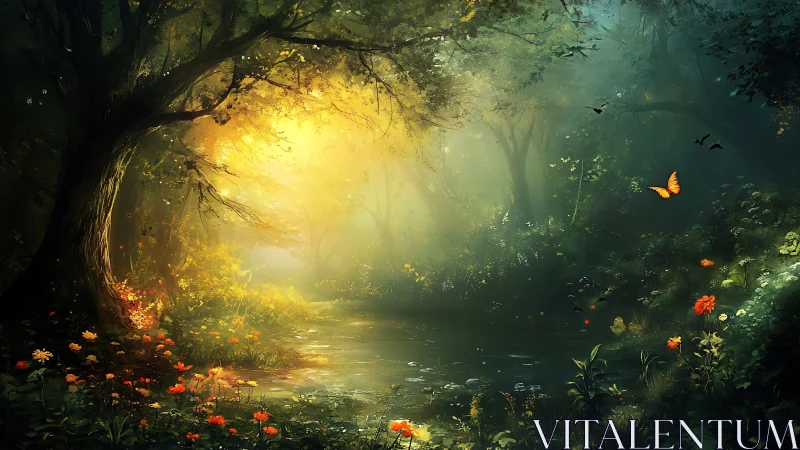 Enchanted Forest Sanctuary: Golden Sunlight Through Ancient Trees.