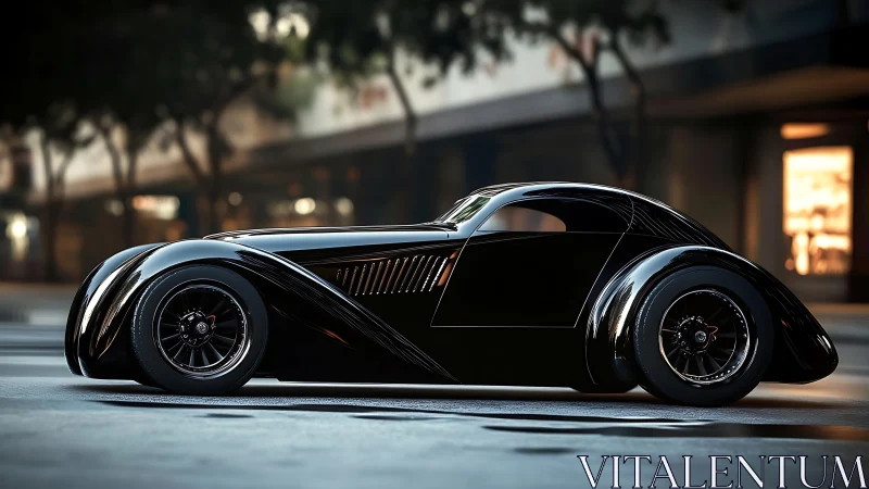 Black retro coupe parked on a modern city street at dusk.