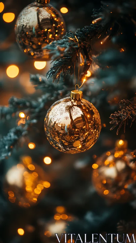 Gold glass baubles hang on evergreen branch in warm bokeh