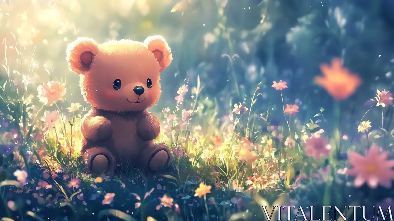 Sunlit plush bear daydreaming in a sparkling wildflower meadow.