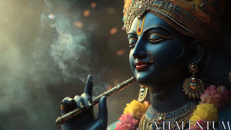 Divine blue-hued deity portrait rendered in luminous 3D realism