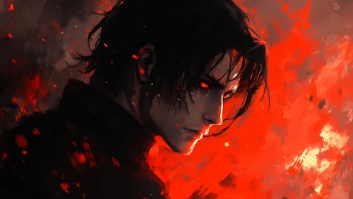 Dark-haired male figure in red-lit abstract environment.