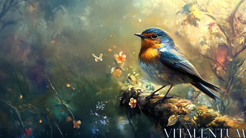 Vibrant songbird on mossy branch in dreamy, impressionist style.