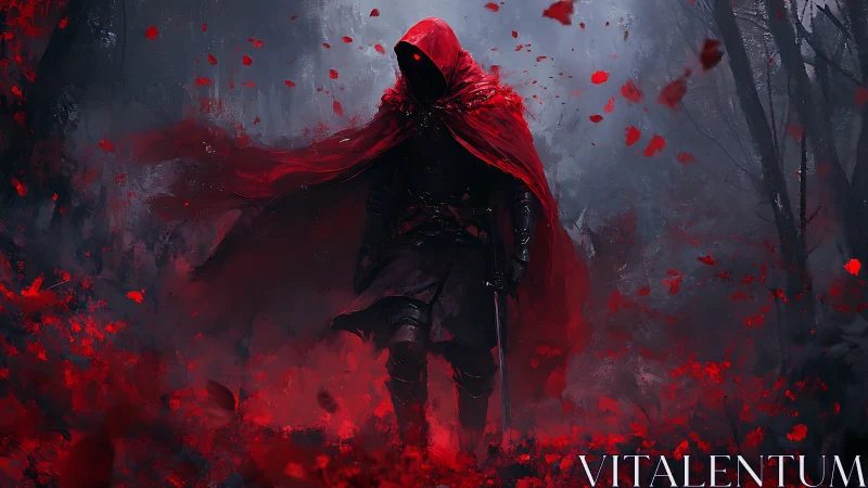 Hooded warrior strides through crimson storm of petals.