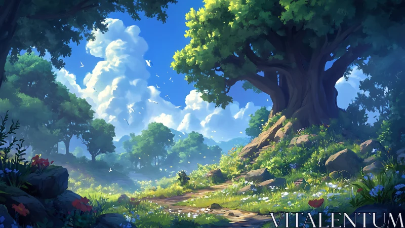 Luminescent Forest Clearing with Ancient Canopy Architecture and Atmospheric Sky