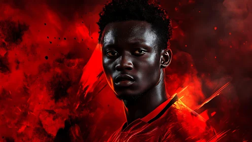 Portrait of male subject in red abstract digital surround.