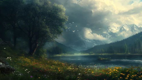 Storm-lit alpine lake with wildflower meadow and receding mountains