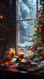 Cozy Christmas table glows beside snowlit window panorama.