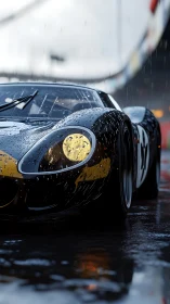 Classic race car front view under rain on wet racetrack