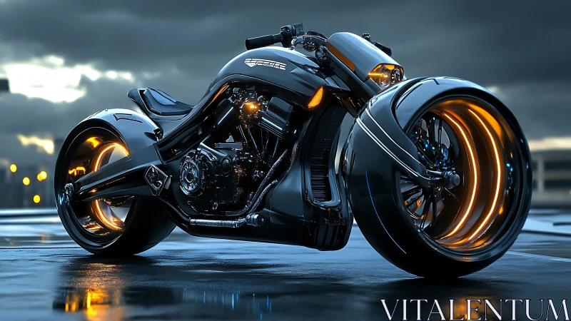 Neo-futuristic hubless wheel motorcycle with reactive glow detailing.