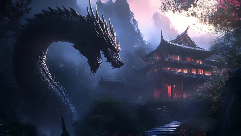 Mythic dragon coils beside lantern-lit mountain temple at dusk
