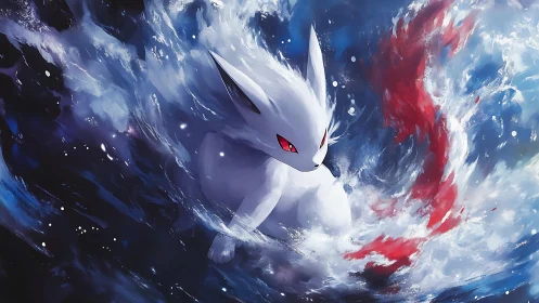 White fox-like creature surging through swirling water.