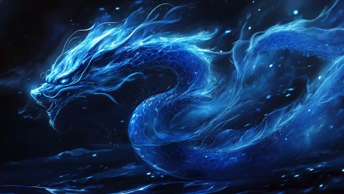 Luminescent blue water dragon coils through dark currents