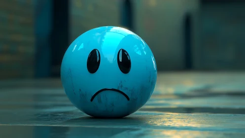 Blue spherical face with downturned mouth on wet pavement.