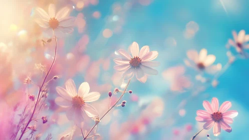 Delicate Cosmos Flowers Blooming in Soft Sunlit Dreamscape