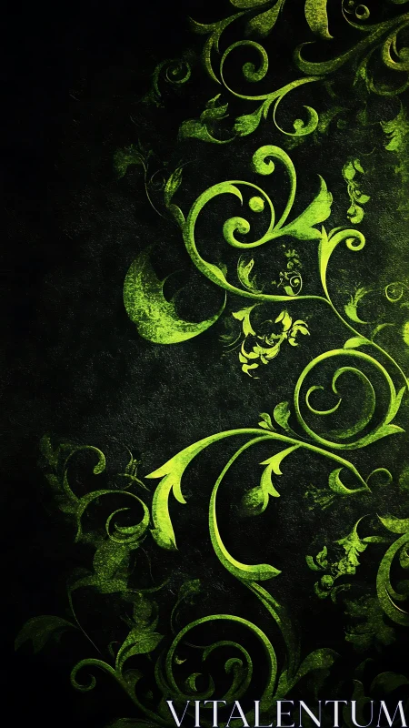 Green luminous vines curl over dark textured background.