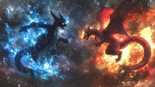 Twin elemental dragons collide in a storm of blue and flame