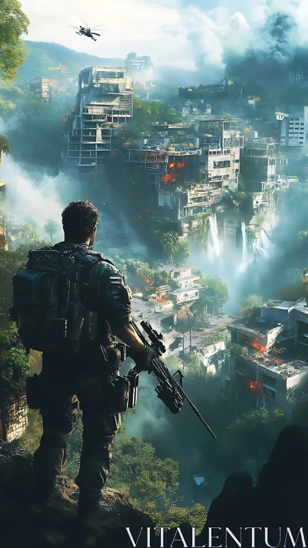 Soldier surveys ruined jungle city from cliffside vantage point.