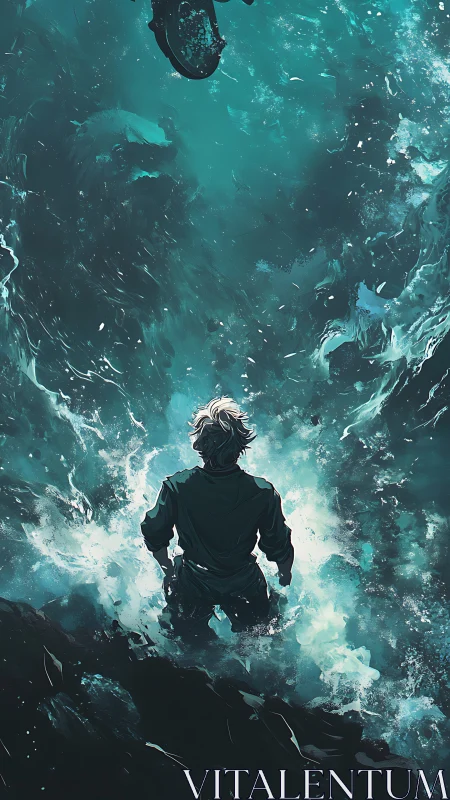 Lone wanderer stands before a roaring teal ocean of wonder.