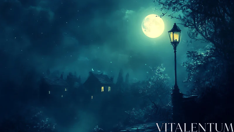 Moonlit village path glows softly under a watchful lamppost