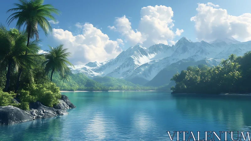 Tropical lagoon with snow-capped alpine mountains and clouds