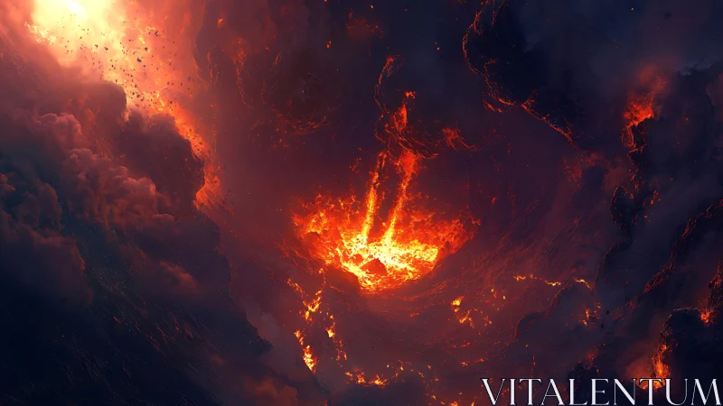 Volcanic Eruption: Molten Core with Fiery Ash Clouds.