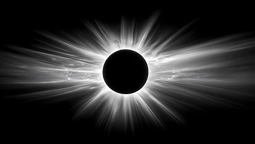Monochrome solar eclipse corona with radial light dynamics.