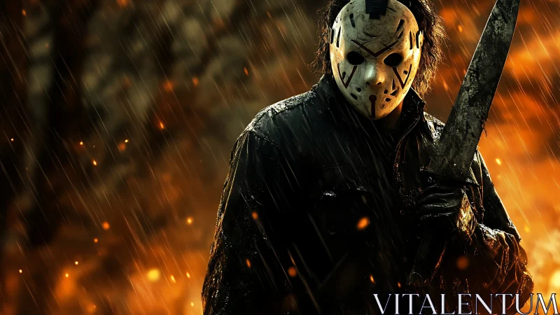 Masked slasher stalks through ember rain in a burning forest.