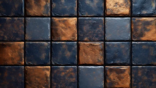 Metallic bronze and blue square tiles with textured finish.