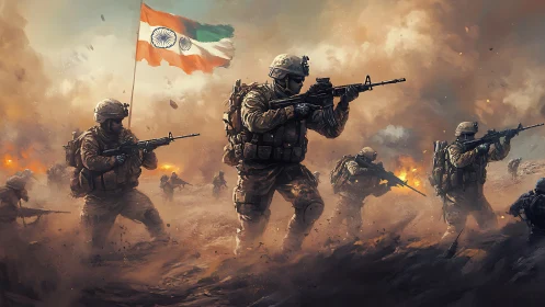 Armed soldiers advancing under Indian flag in combat zone.