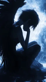 Backlit fallen angel silhouette in volumetric blue haze.
