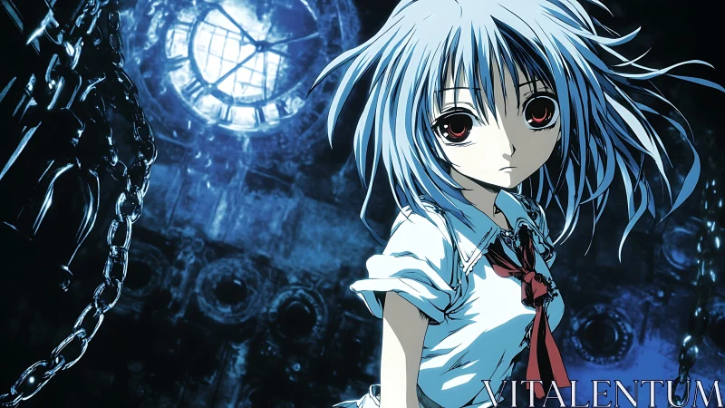 Blue haired anime girl contrasts with industrial clockwork void