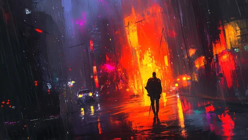 Lone figure traverses neon-soaked cyberpunk city corridor