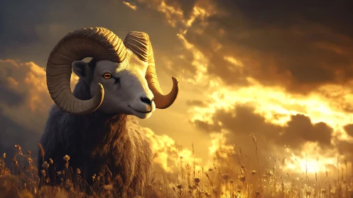 Majestic horned ram against blazing golden sunset sky.