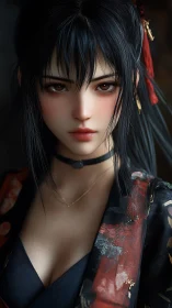 Digital portrait shows dark haired woman in patterned robe