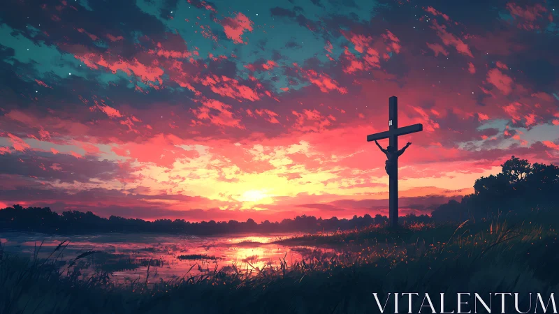 Crucifix silhouette against high-saturation sunset sky gradient
