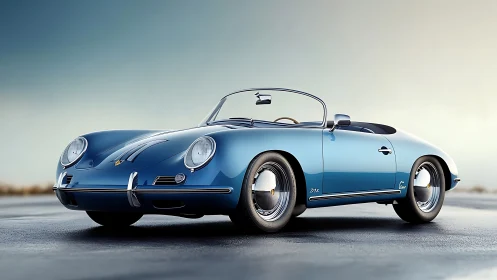 Sleek blue classic roadster basks in soft sunrise light