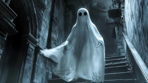 Ghostly figure descending worn stone staircase at night.