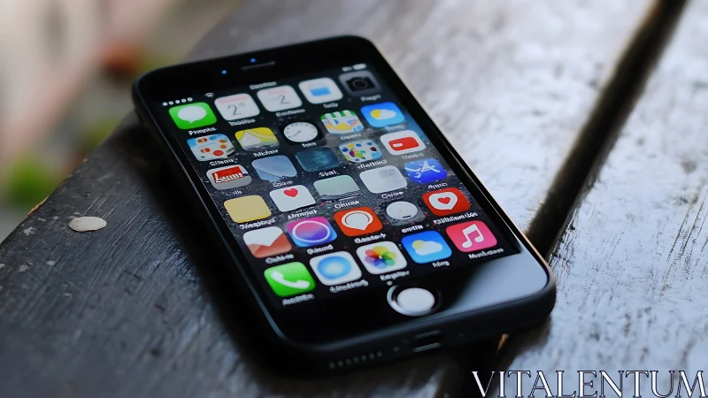 iPhone Display Showing Installed Applications on Wooden Surface