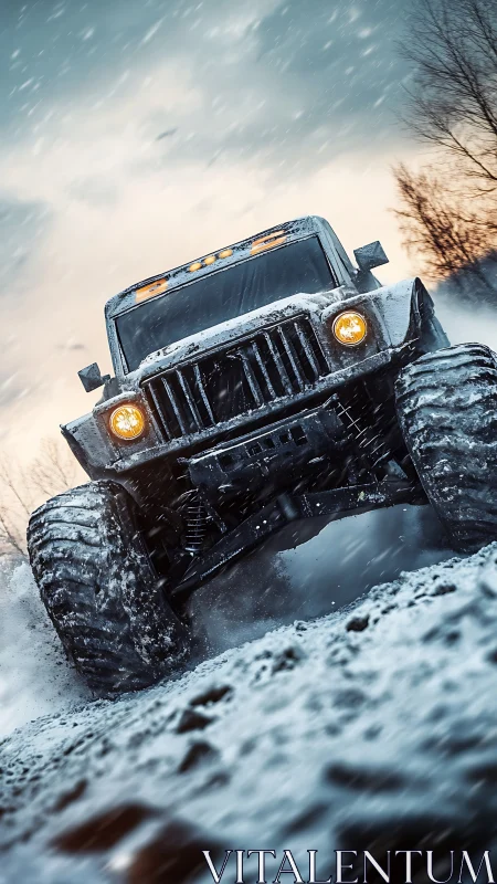 Off-road utility truck powers through dynamic winter blizzard.