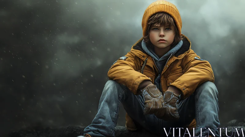 Child in outdoor clothing sits against diffuse stormy backdrop
