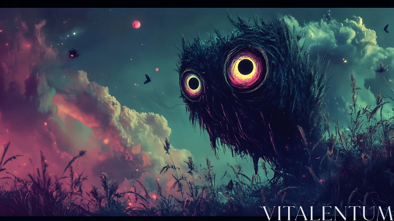 Large silhouetted creature occupies a dusk field under clouds