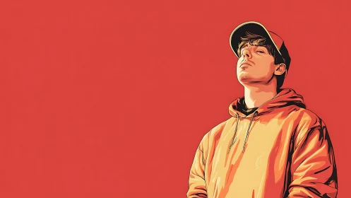 Bold streetwear portrait set against vivid red field.