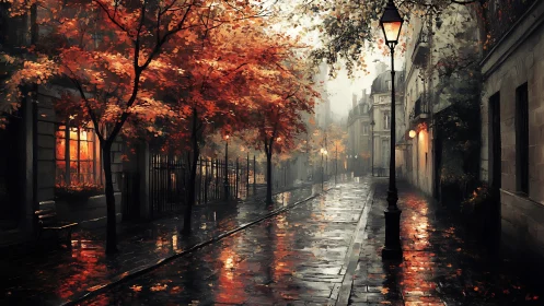 Rainlit autumn boulevard where city stones quietly sparkle.