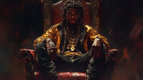 Urban monarch on crimson throne in dramatic chiaroscuro.