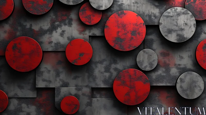 Bold red and gray abstract geometric wall art with circular motifs.