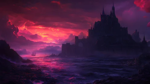 Dark coastal fortress under crimson storm sky, digital painting.