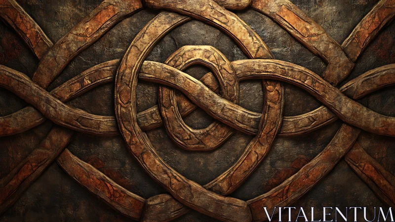 Interlocking wooden knotwork over weathered stone relief.