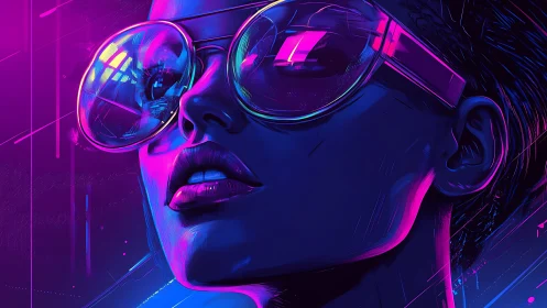 Neon lit female portrait with reflective oversized glasses.